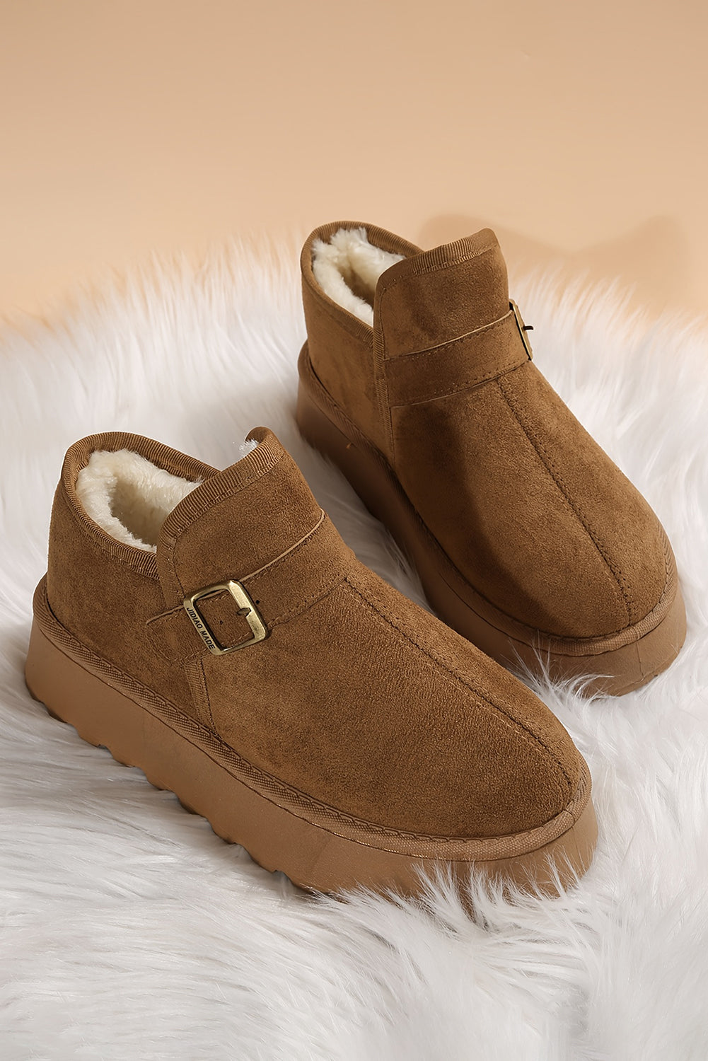 Coffee Brown Faux Suede Buckle Platform Winter Boots