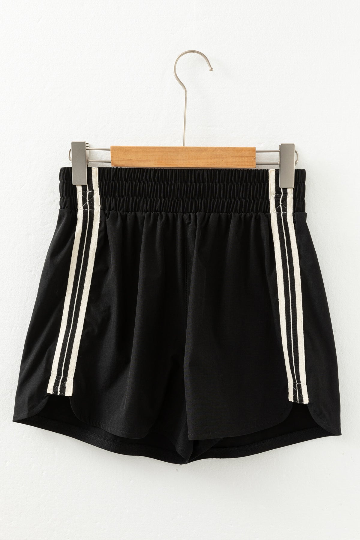 Black Elastic Waist Varsity Striped Athleisure Shorts