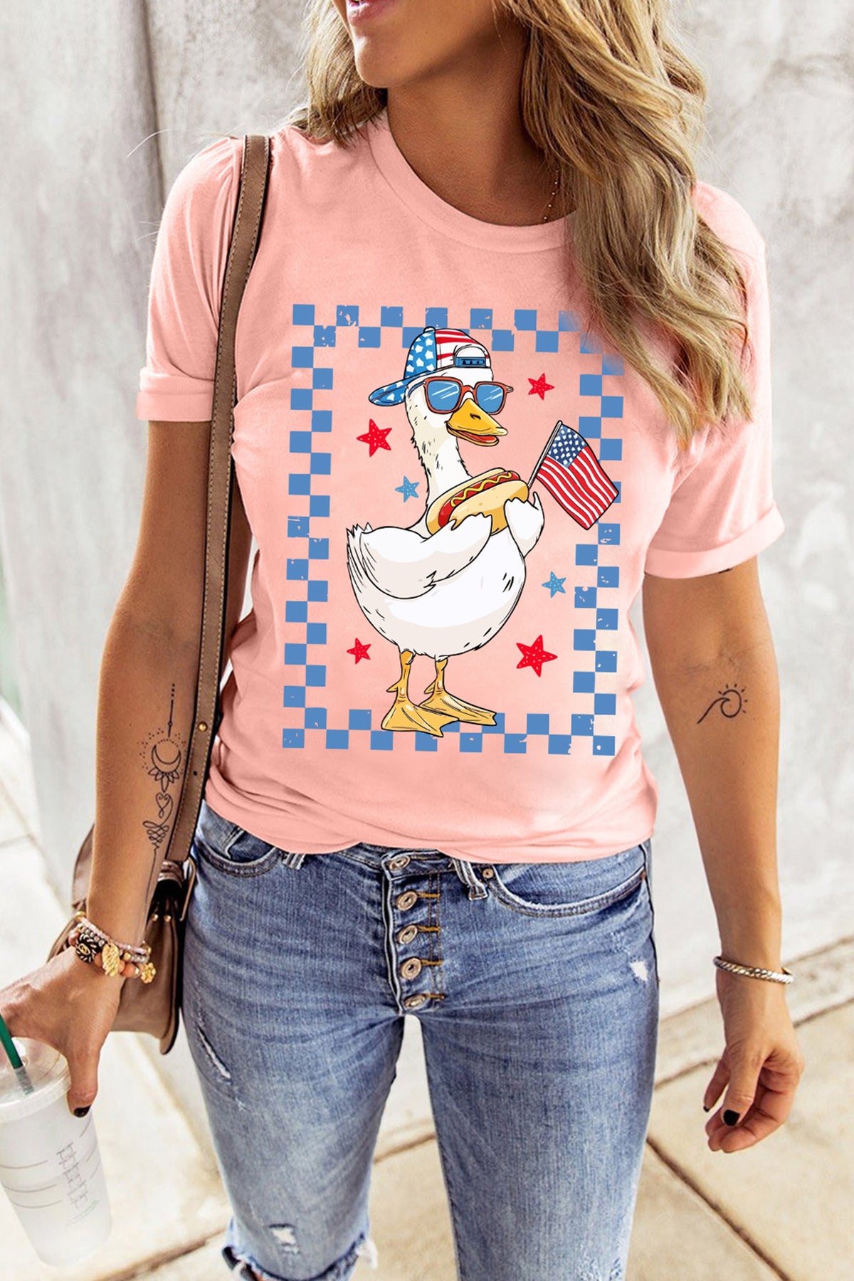 Pink America Goose 4th Of July Patriotic Flag Graphic T-Shirt