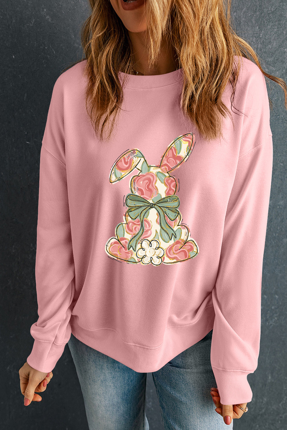 Pink Floral Bow Rabbit Easter Fashion Pullover Sweatshirt