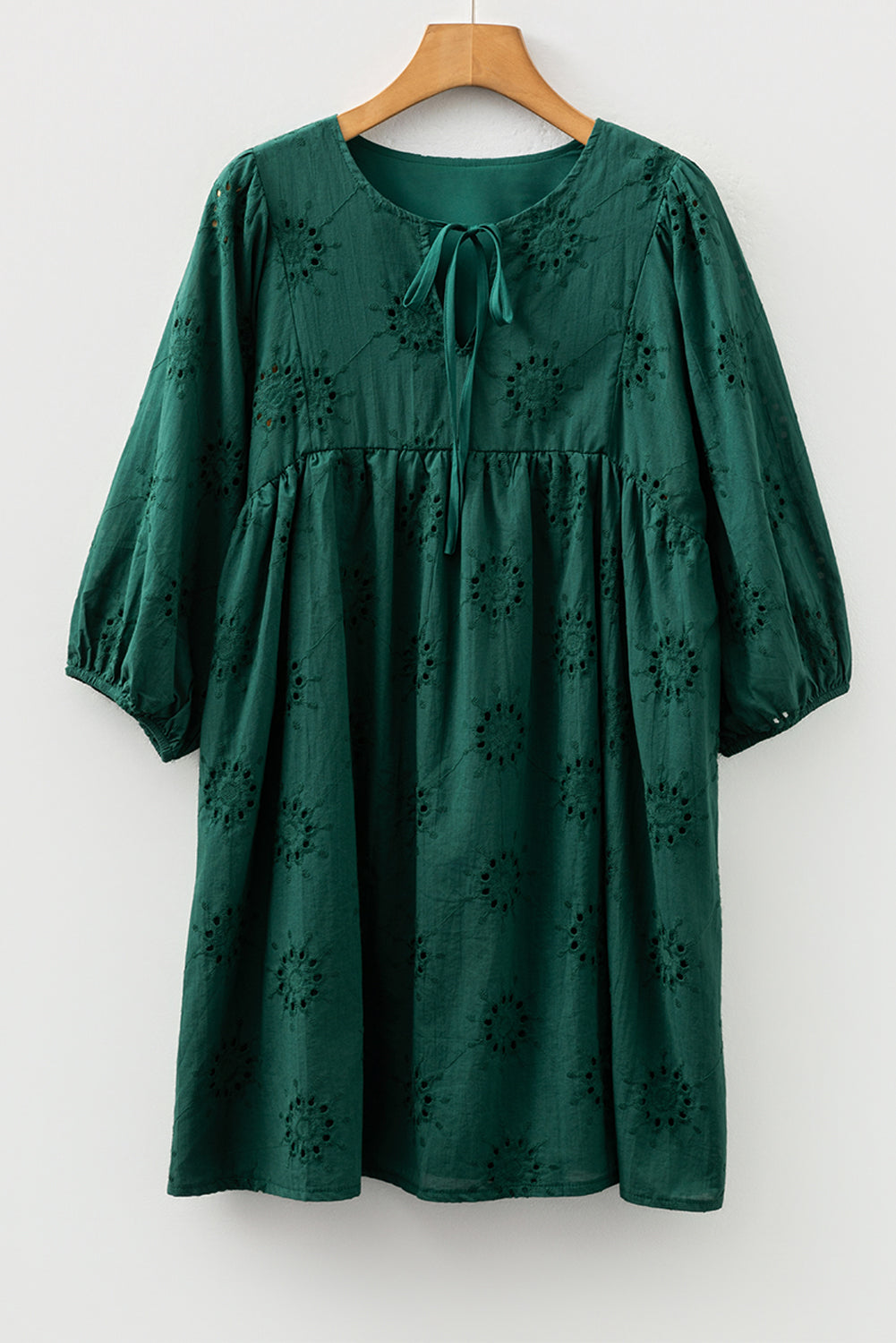 Blackish Green Embroidered Eyelet Pattern 3/4 Puffy Sleeve Swing Mini Dress