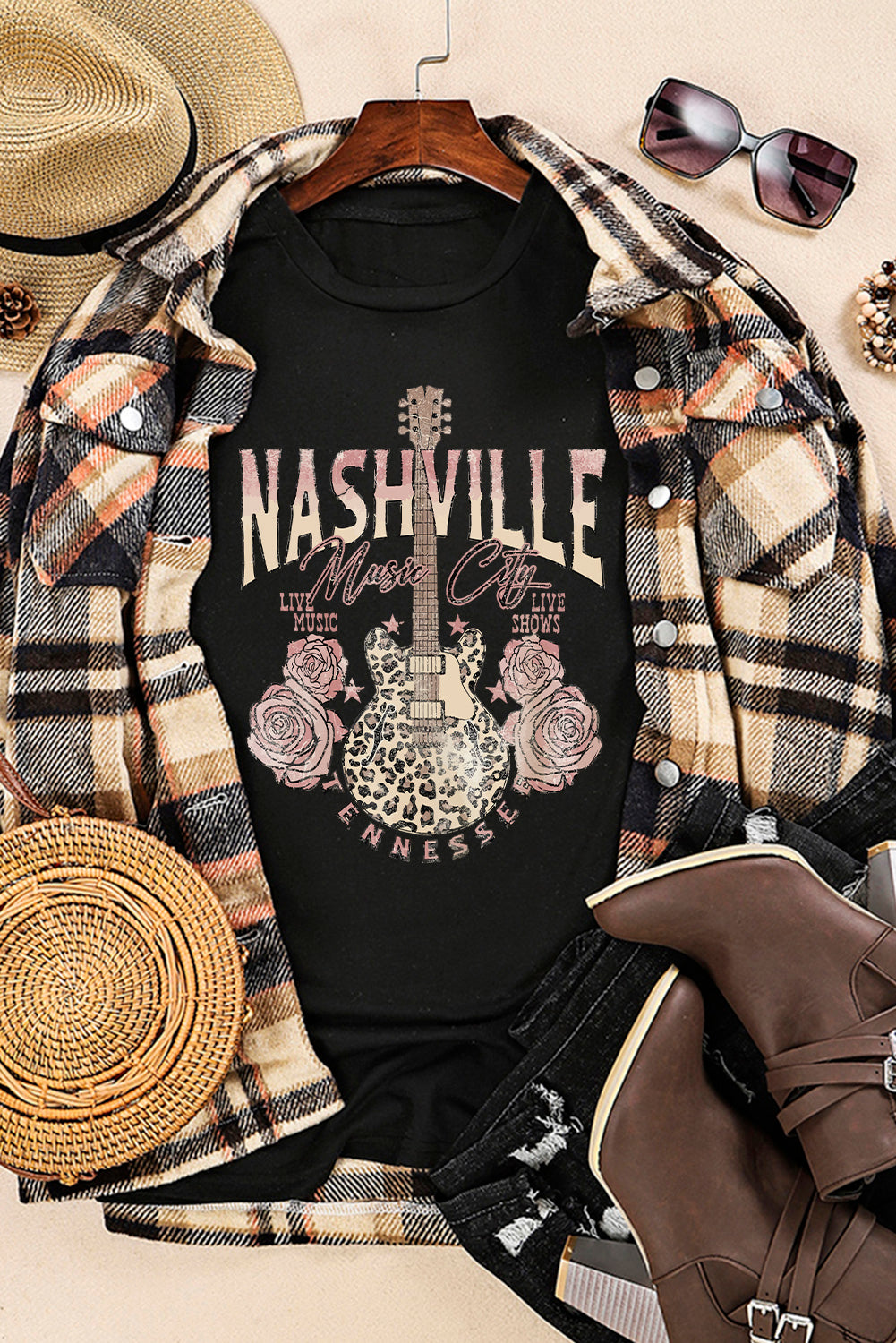 Black Nashville Music City Leopard Guitar Graphic T-Shirt
