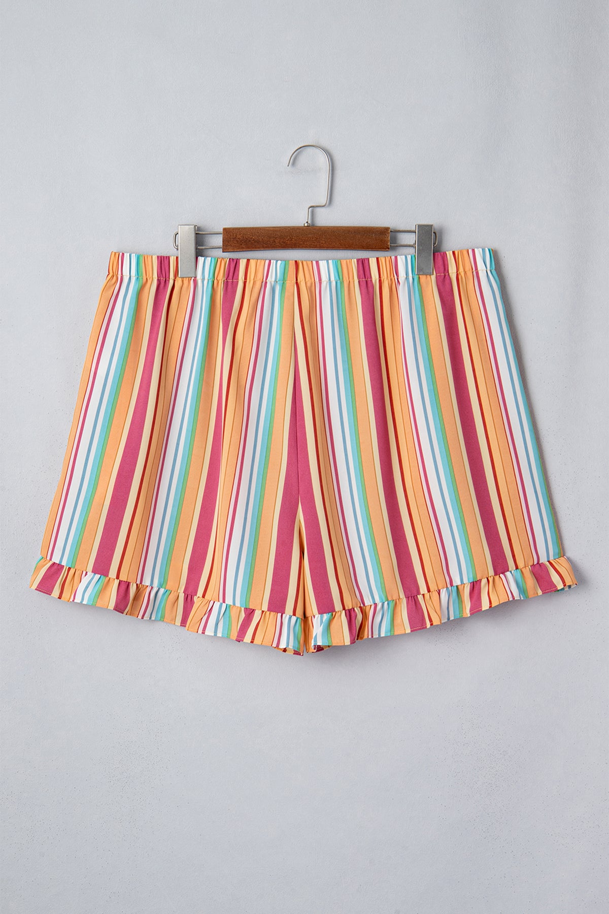 Orange Stripe Plus Size Elastic-Waist Ruffle Hem Shorts