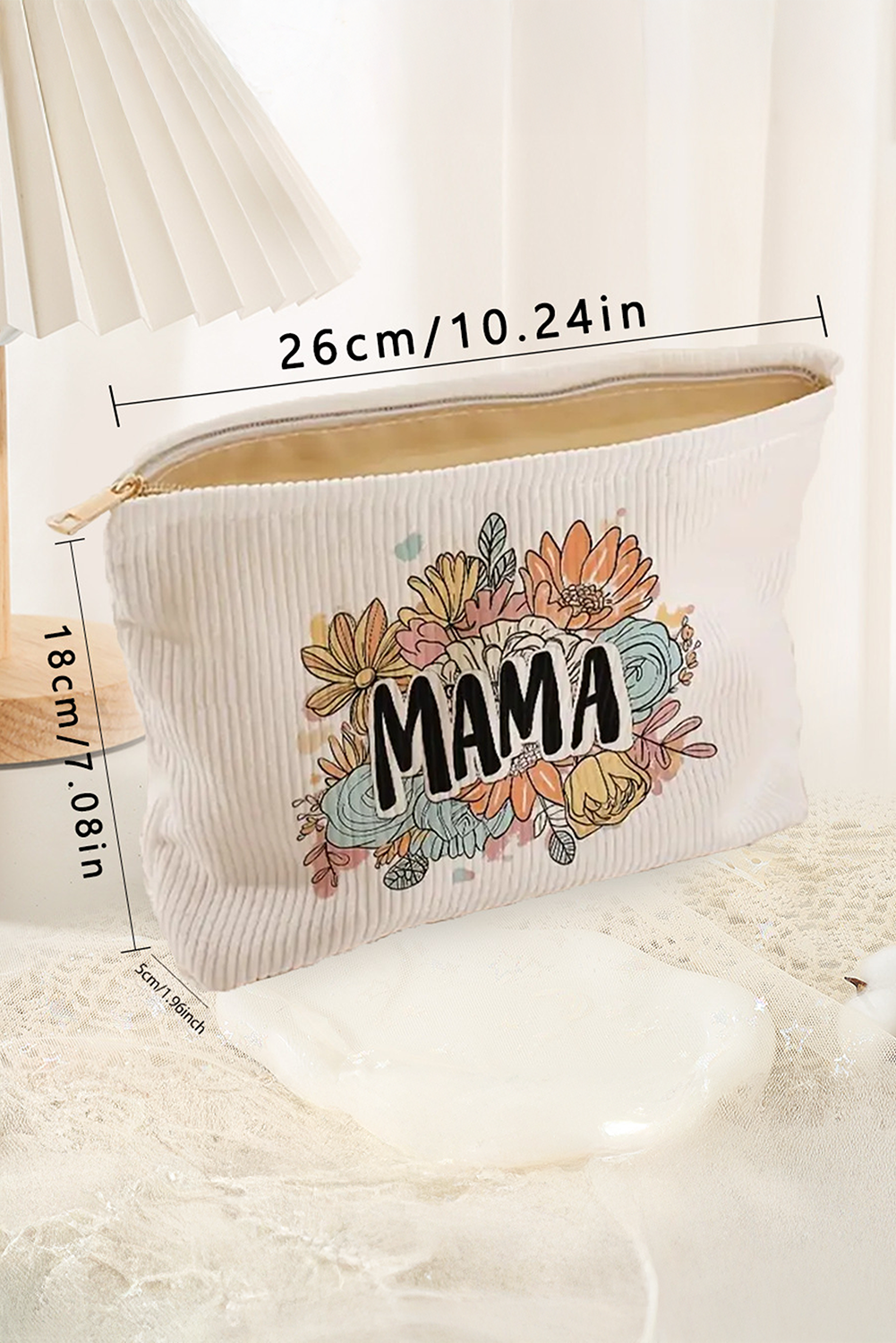 White MAMA Flower Print Corduroy Large Cosmetic Bag
