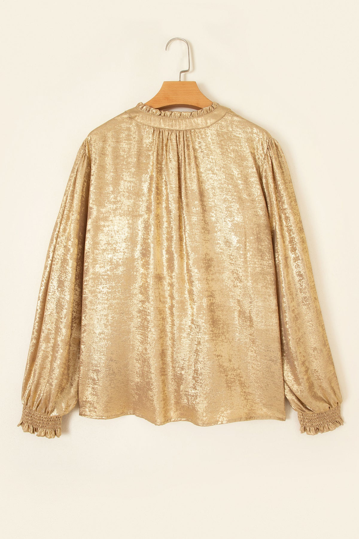 Gold Metallic Sheen V Neck Gathered Cuff Blouse