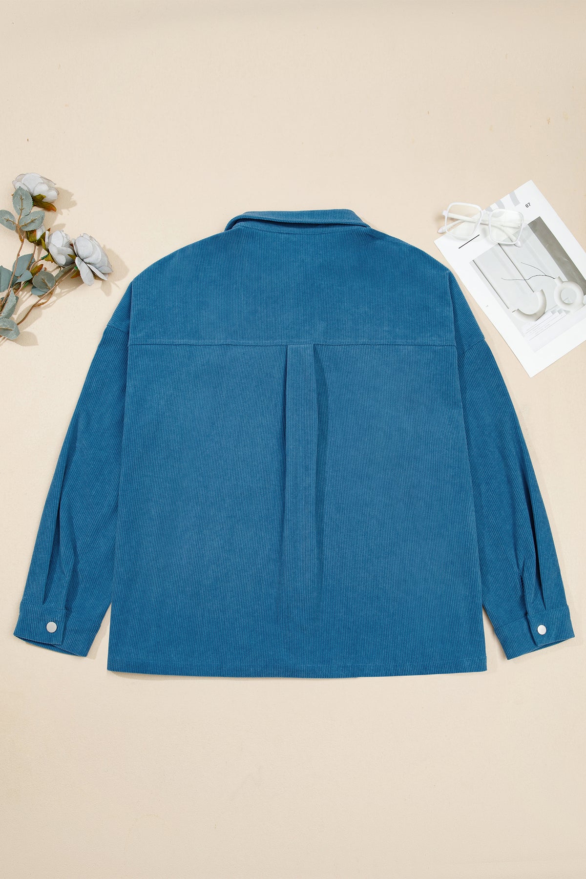 Blue Embroidered Corduroy V-Neck Plus Size Shirt