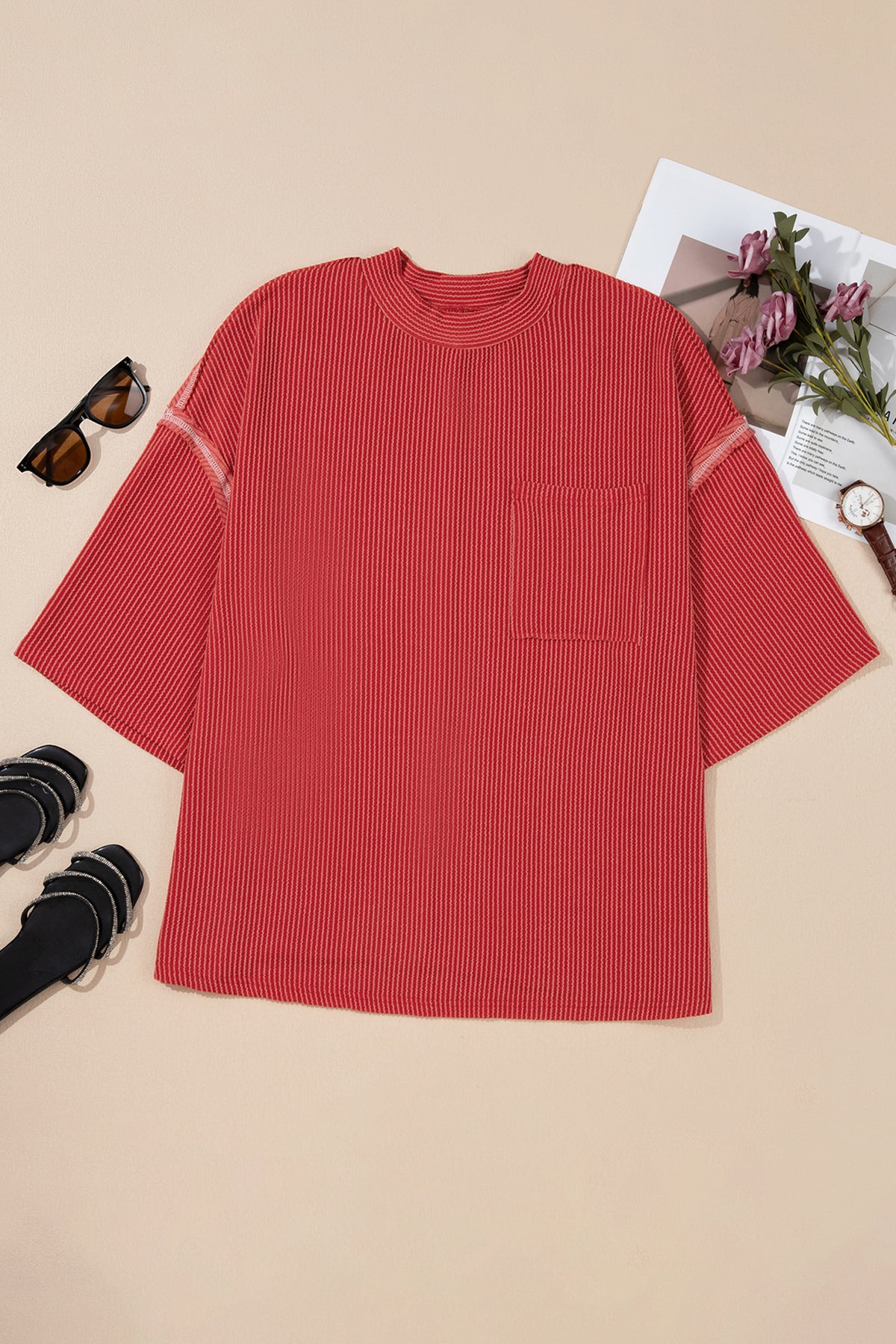 Fiery Red Ribbed Tunic Round-Neck Bracelet Sleeve Plus Size Blouse