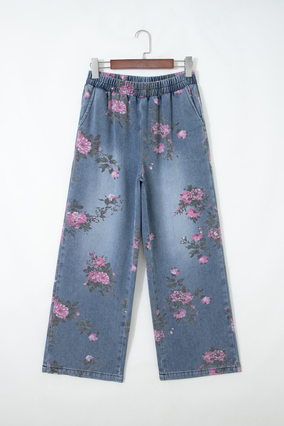 Beau Blue Floral Print Elastic Waist Pull On Casual Jeans