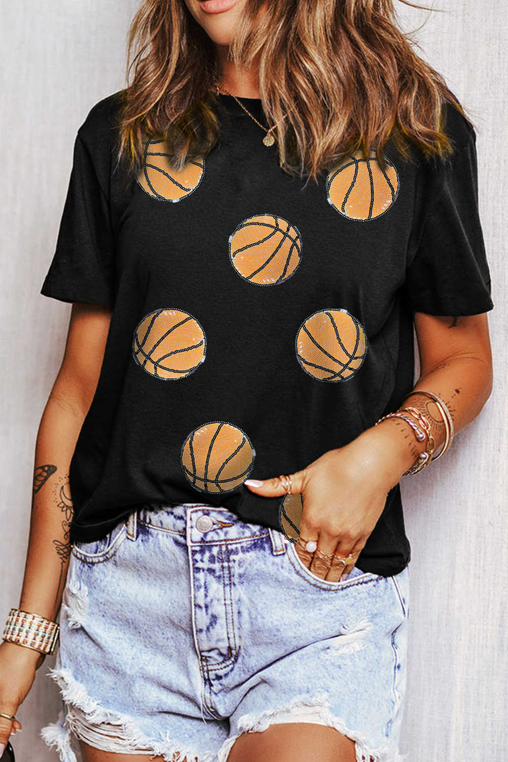 Black Sequin Basketball Graphic Crewneck Game Day T-Shirt