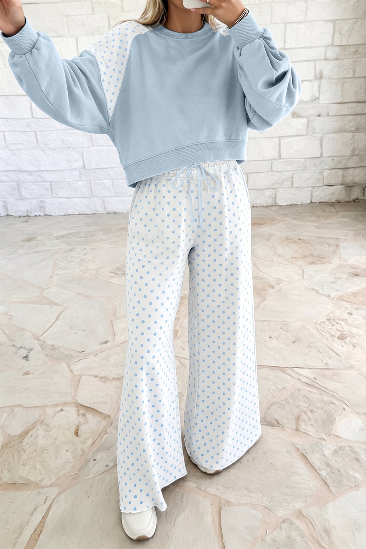 Women's Green Polka Dot Patchwork Colorblock Long-Sleeve Casual Two-Piece Pants Set