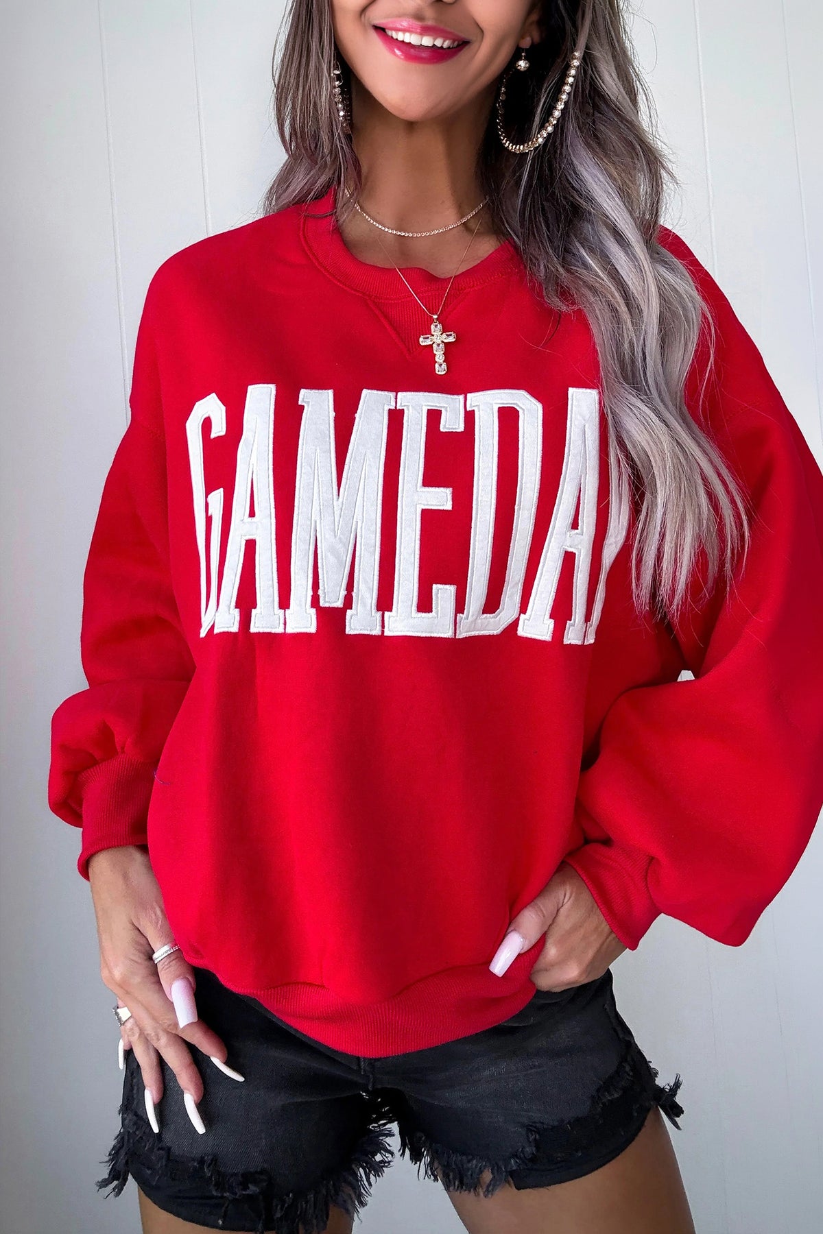 Sky Blue GAMEDAY Embroidered Patch Pattern Shift Sweatshirt