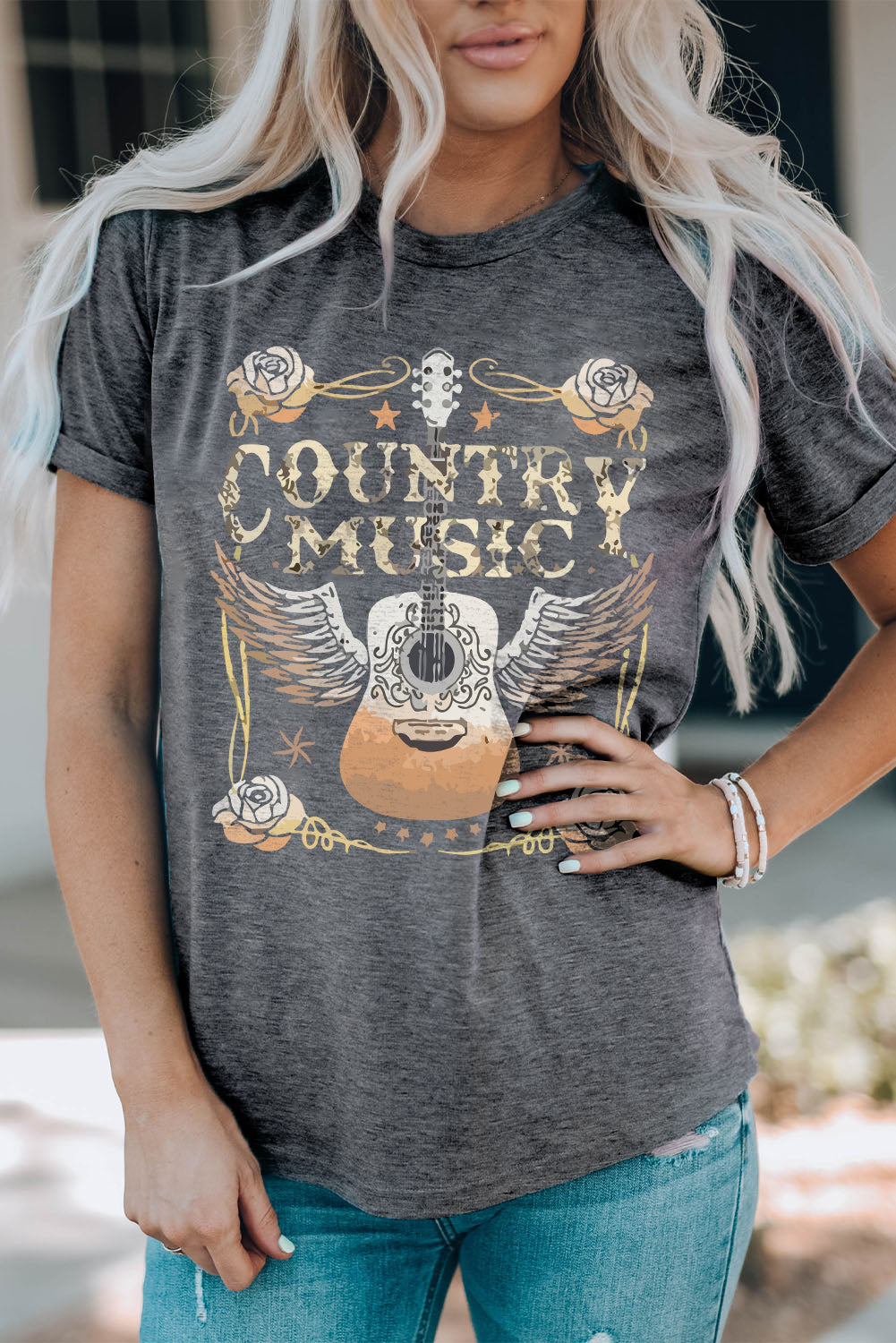 Gray COUNTRY MUSIC Guitar Graphic Print Crew Neck T-Shirt