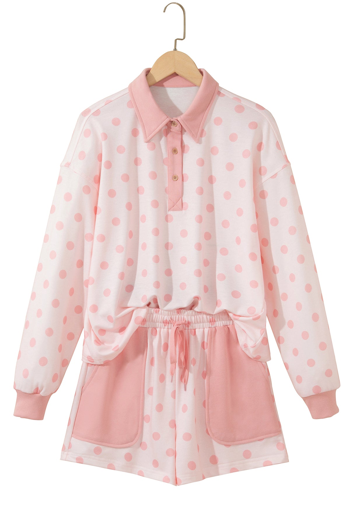 Women's Pink Polka Dot Drop Shoulder Polo Loose Pullover Patch Pocket Casual Shorts Set
