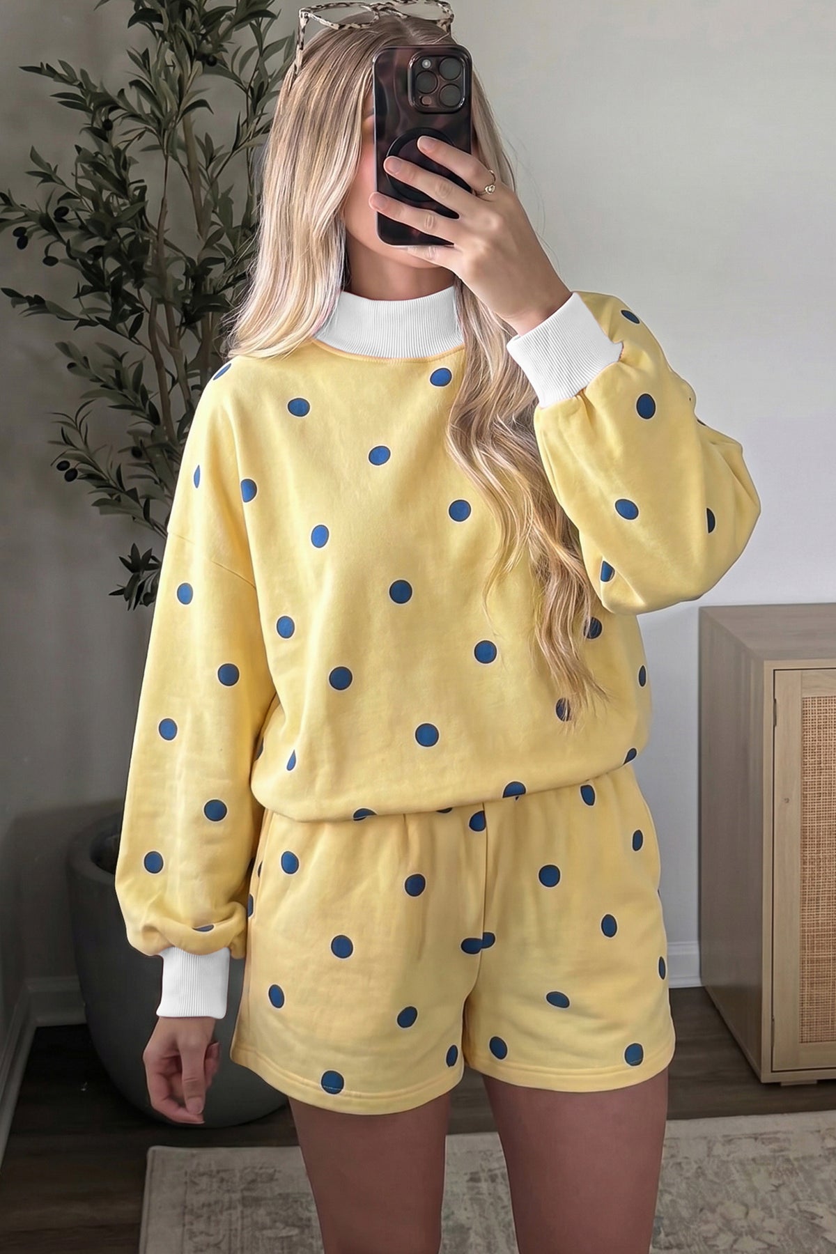 Women's Pink Polka Dot Ribbed Trim Long-Sleeve Top Casual Shorts Set
