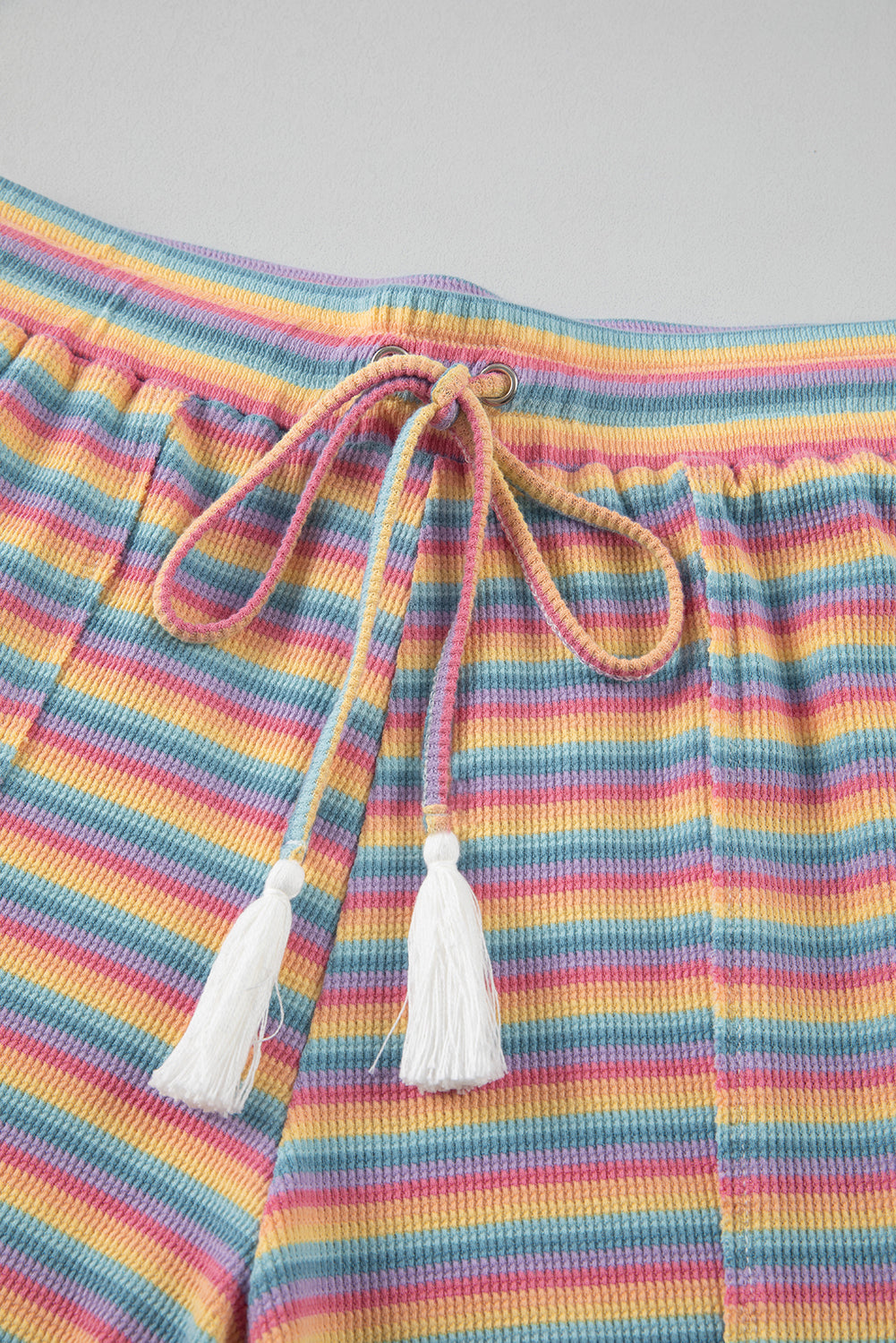 Women's Pink Stripe Crewneck Tee and Tasseled Shorts Set