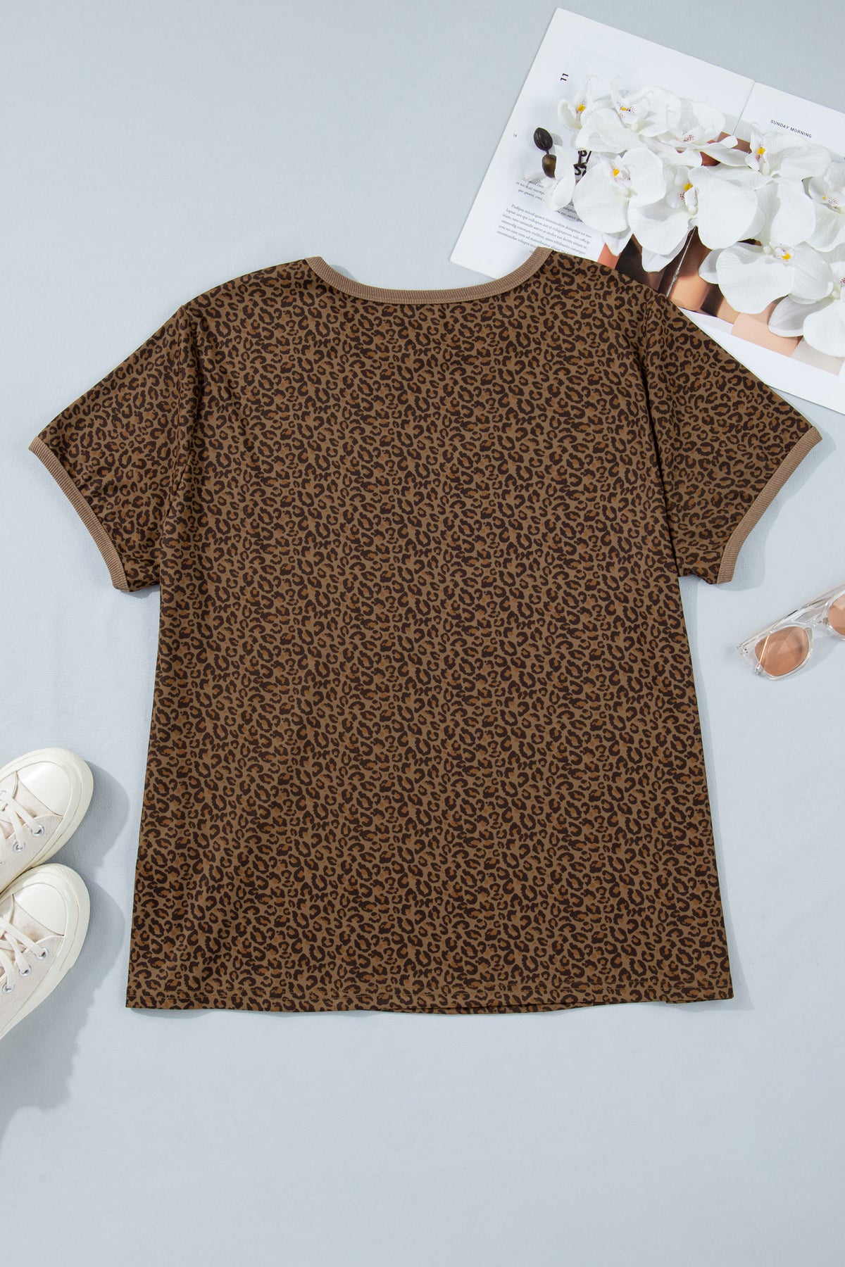 Khaki Plus Size Leopard Print Ribbed Trim Round-Neck Tee