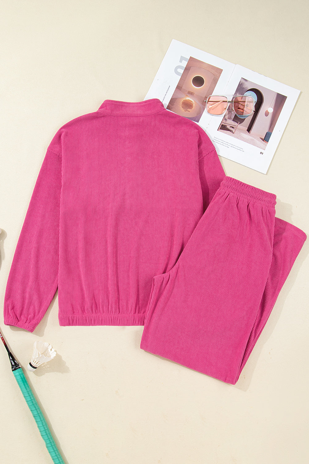 Women's Peach Blossom Half Button Pullover Pants Corduroy Two-Piece Outfit Set