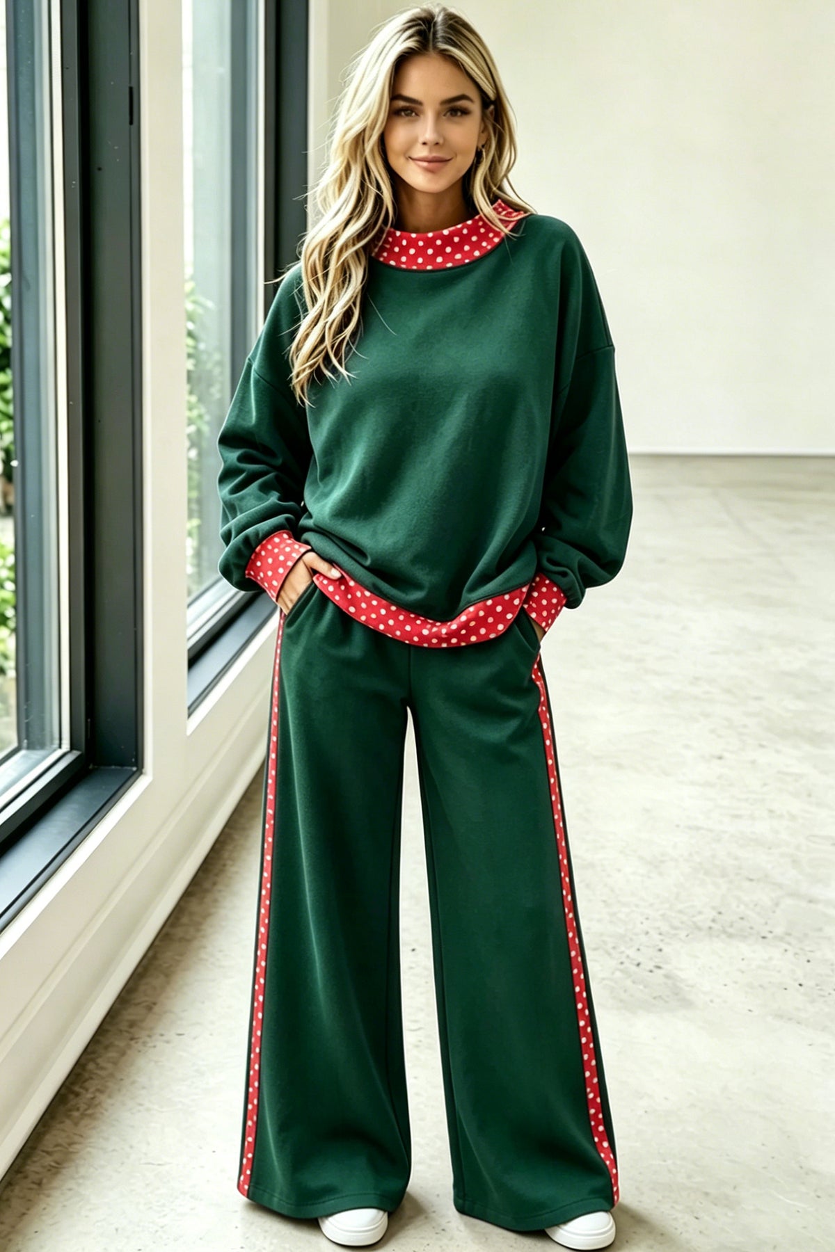 Blackish Green Polka Dot Trim Color Block Pants Set