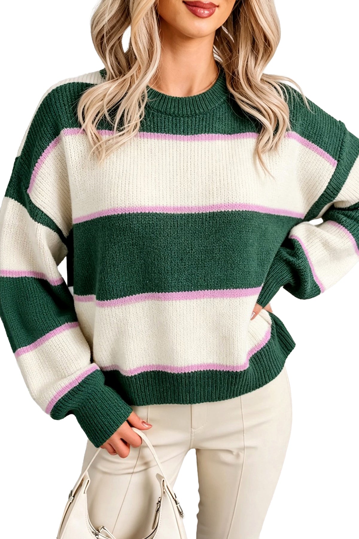 Blackish Green Striped Color Block Knit Dropped Shoulder Pullover Sweater