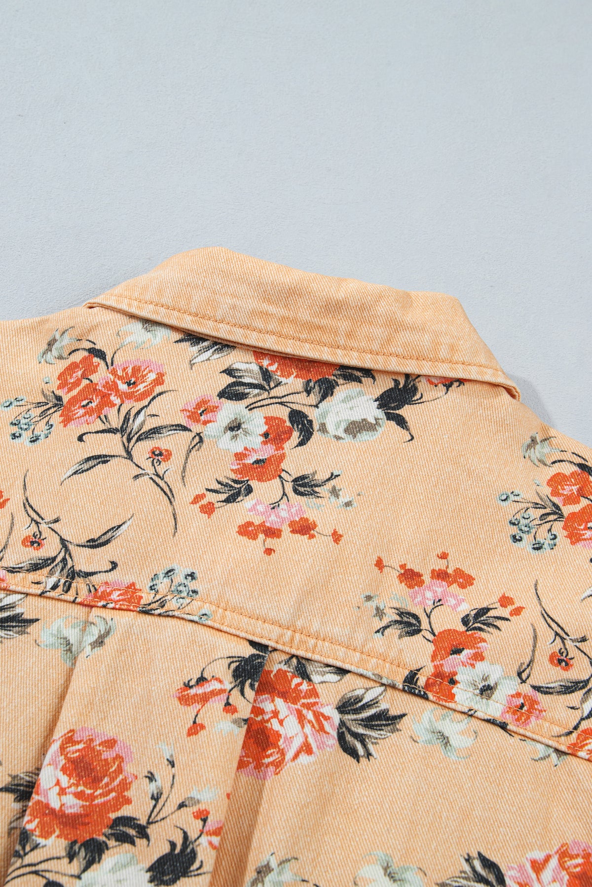 Khaki Floral Print Long Sleeve Denim Jacket Tunic Length Daily Wear