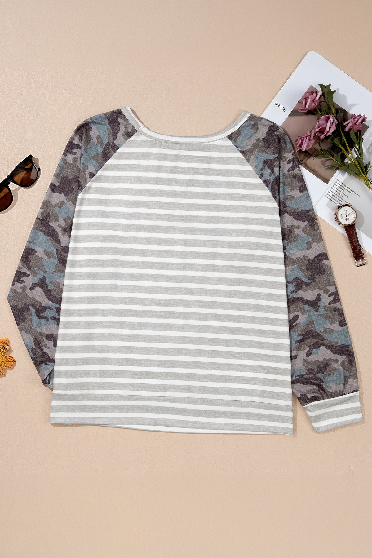 Gray Stripe Camo Sleeve Striped Color-Block Round-Neck Long-Sleeve Plus Size Blouse