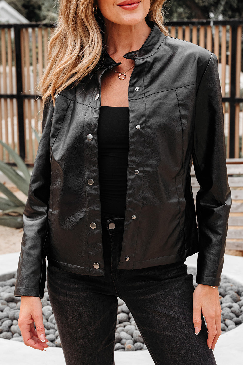 Black Faux Leather Buttoned Front Boxy Jacket