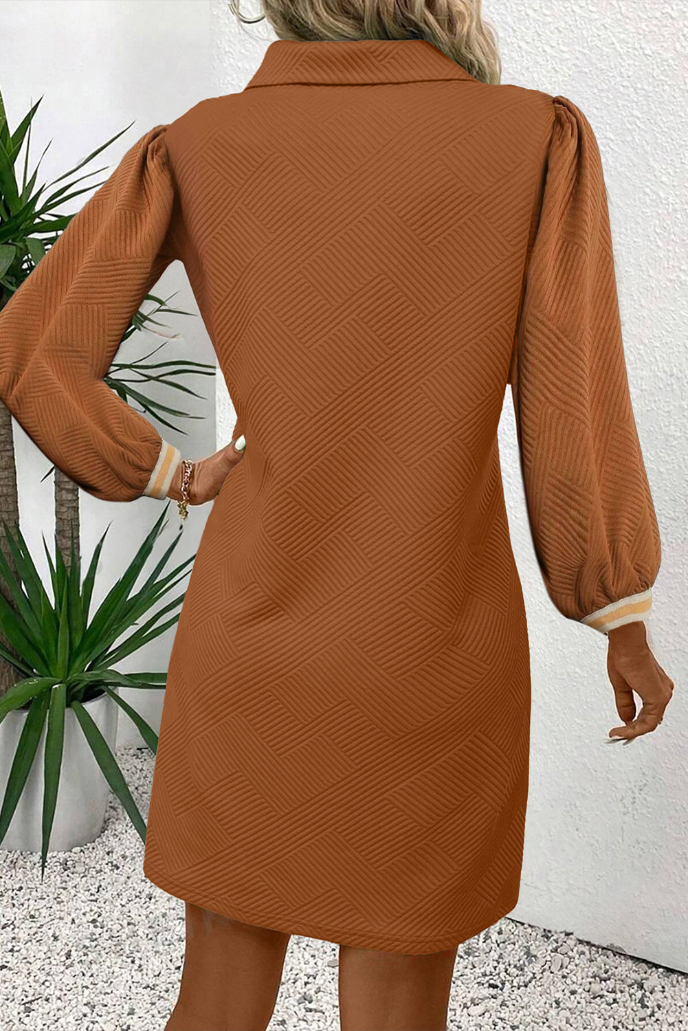 Chestnut Textured Striped Split Neck Long Sleeve Shift Mini Dress