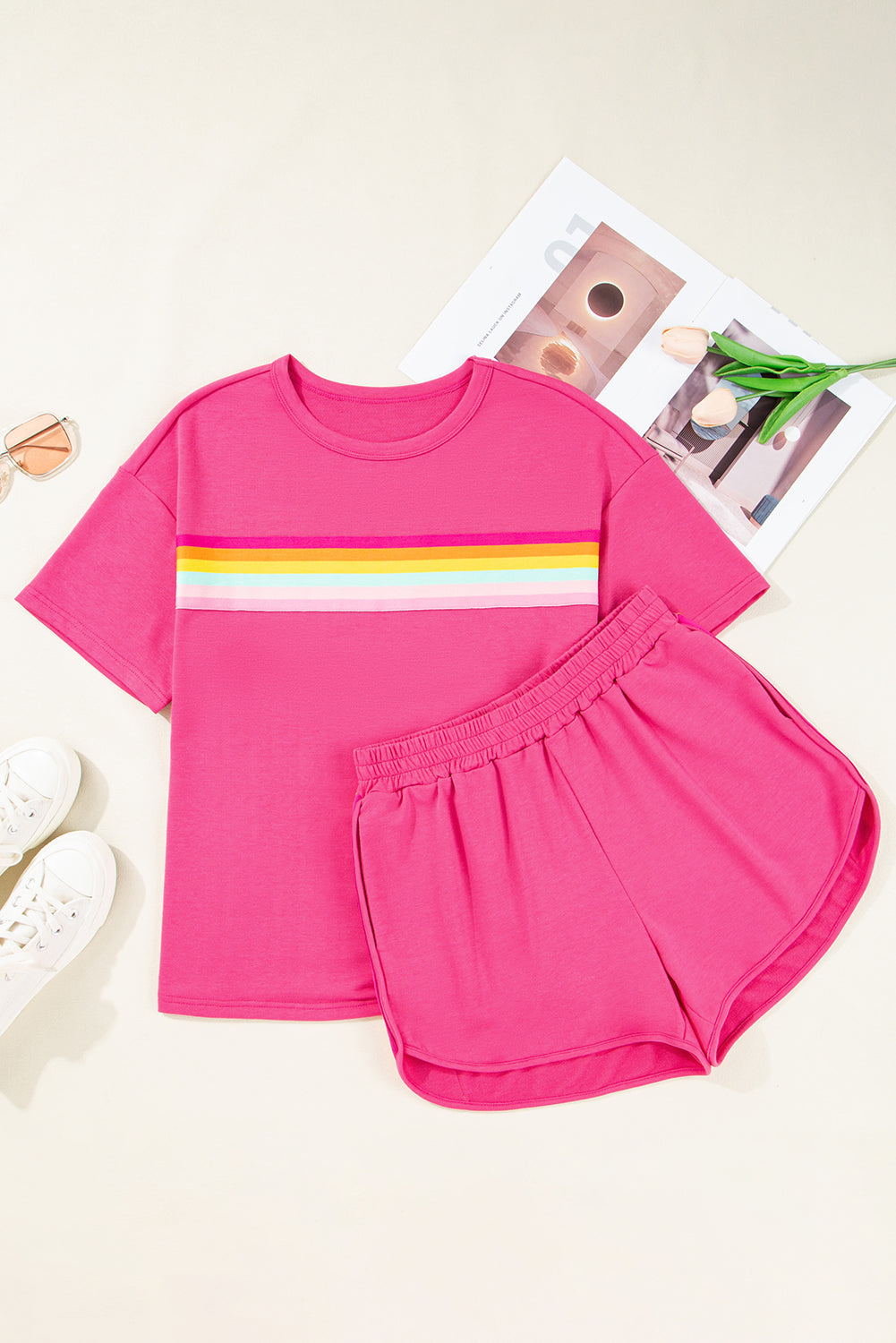 Women's Beige Vibrant Striped Detail Athleisure Two-Piece Shorts Set