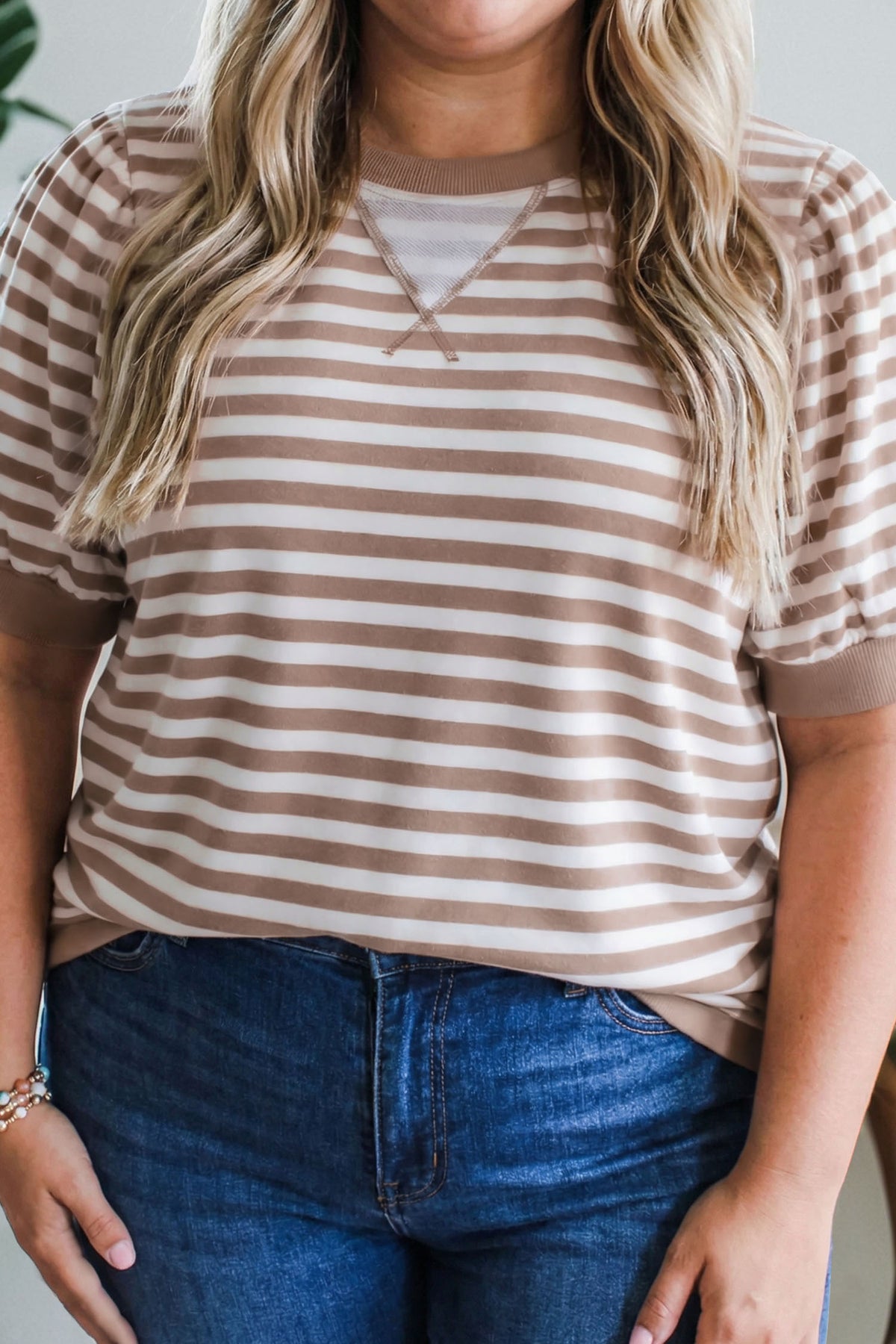 Orange Stripe Ribbed Trim Round-Neck Short Puff-Sleeve Plus T-Shirt