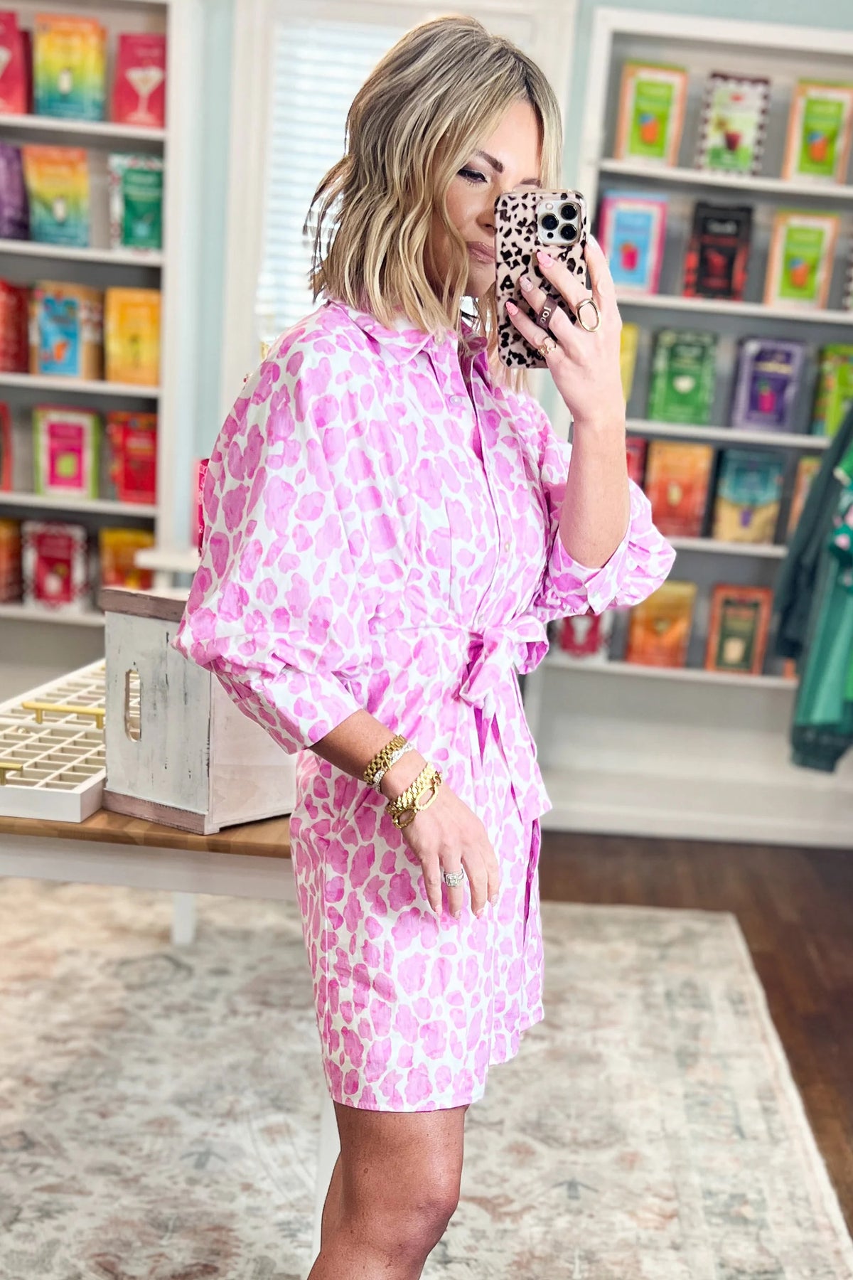 Pink Abstract Leopard Print Puff Sleeve Mini Shirt Dress
