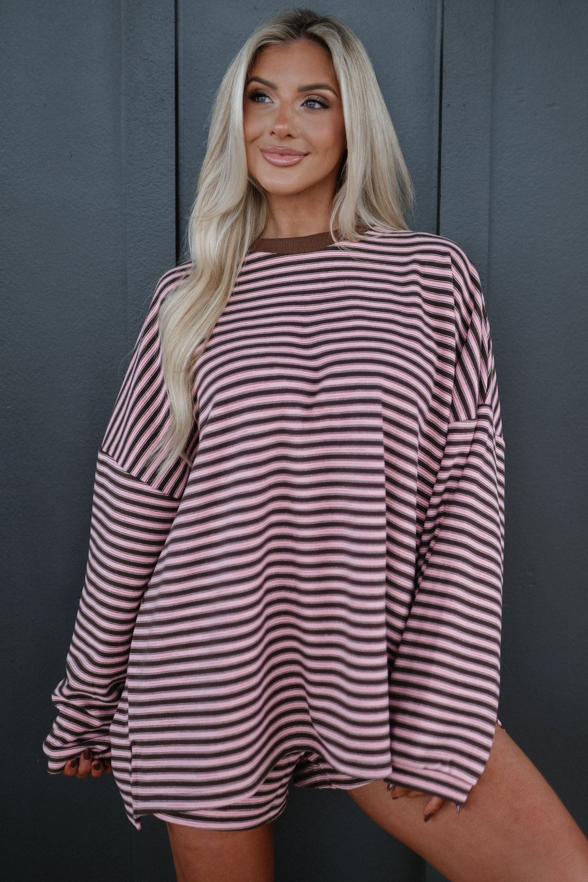Women's Sky Blue Stripe Long-Sleeve Oversized Top Pocketed Casual Shorts Two-Piece Set