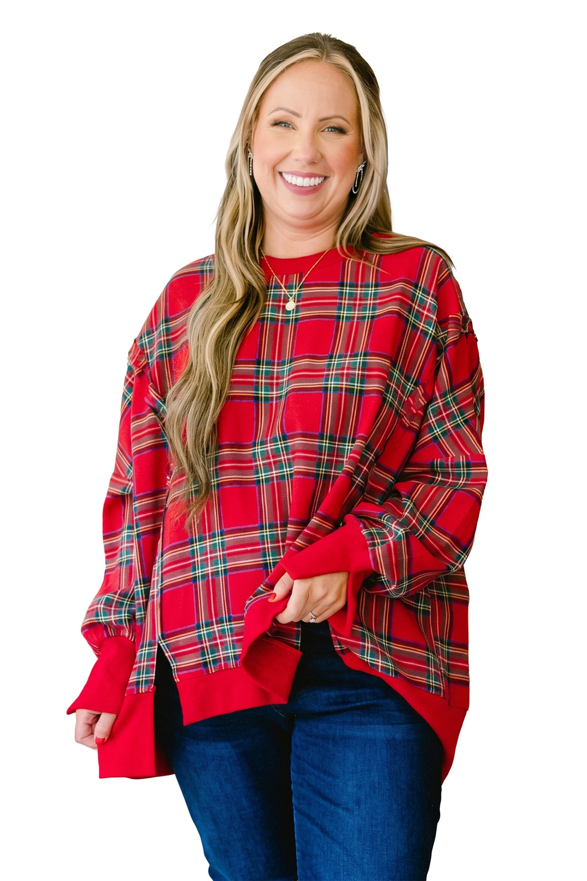 Red Plus Size Festive Plaid Split Tunic Sweatshirt