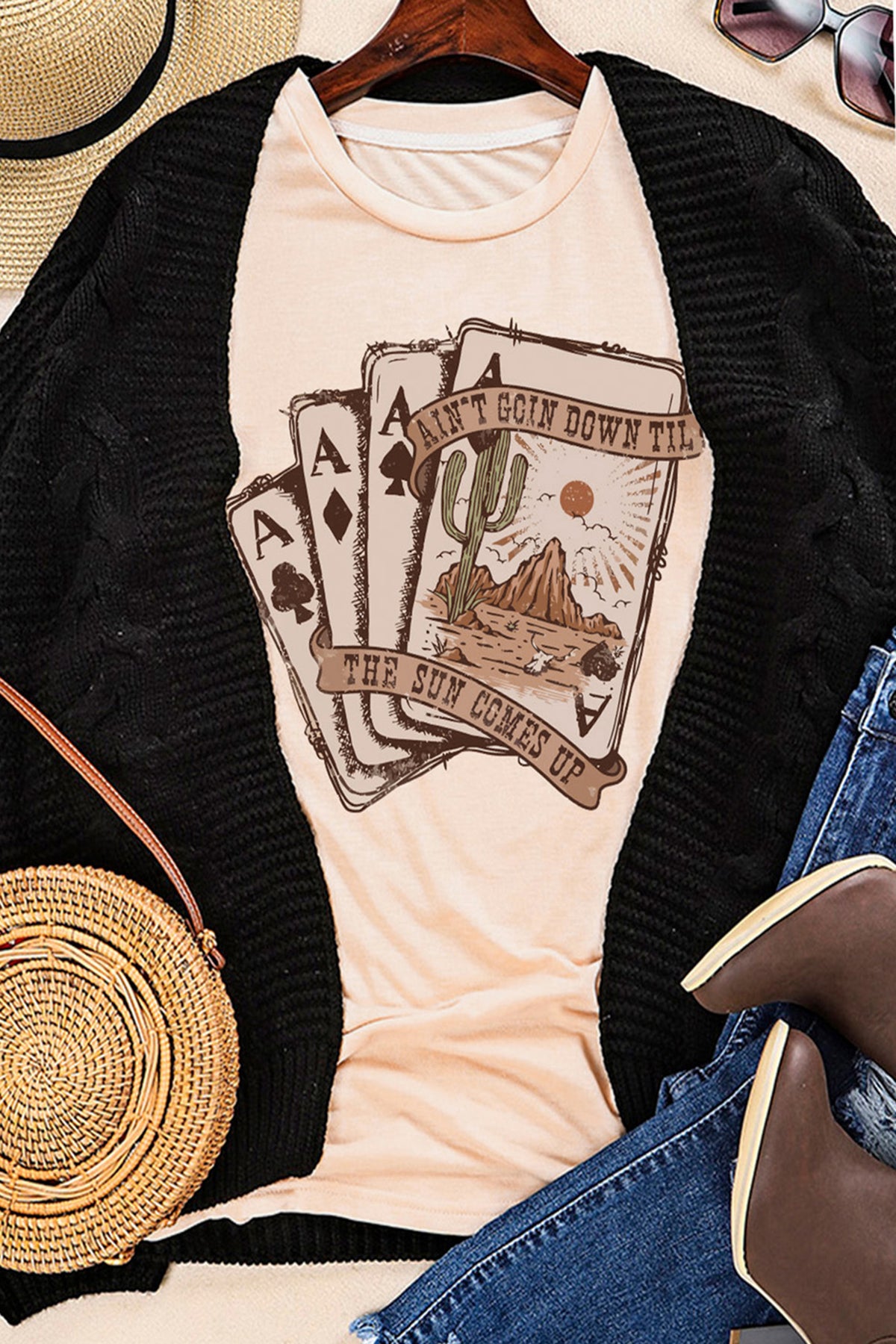 Khaki Western Poker Cards Graphic T-Shirt
