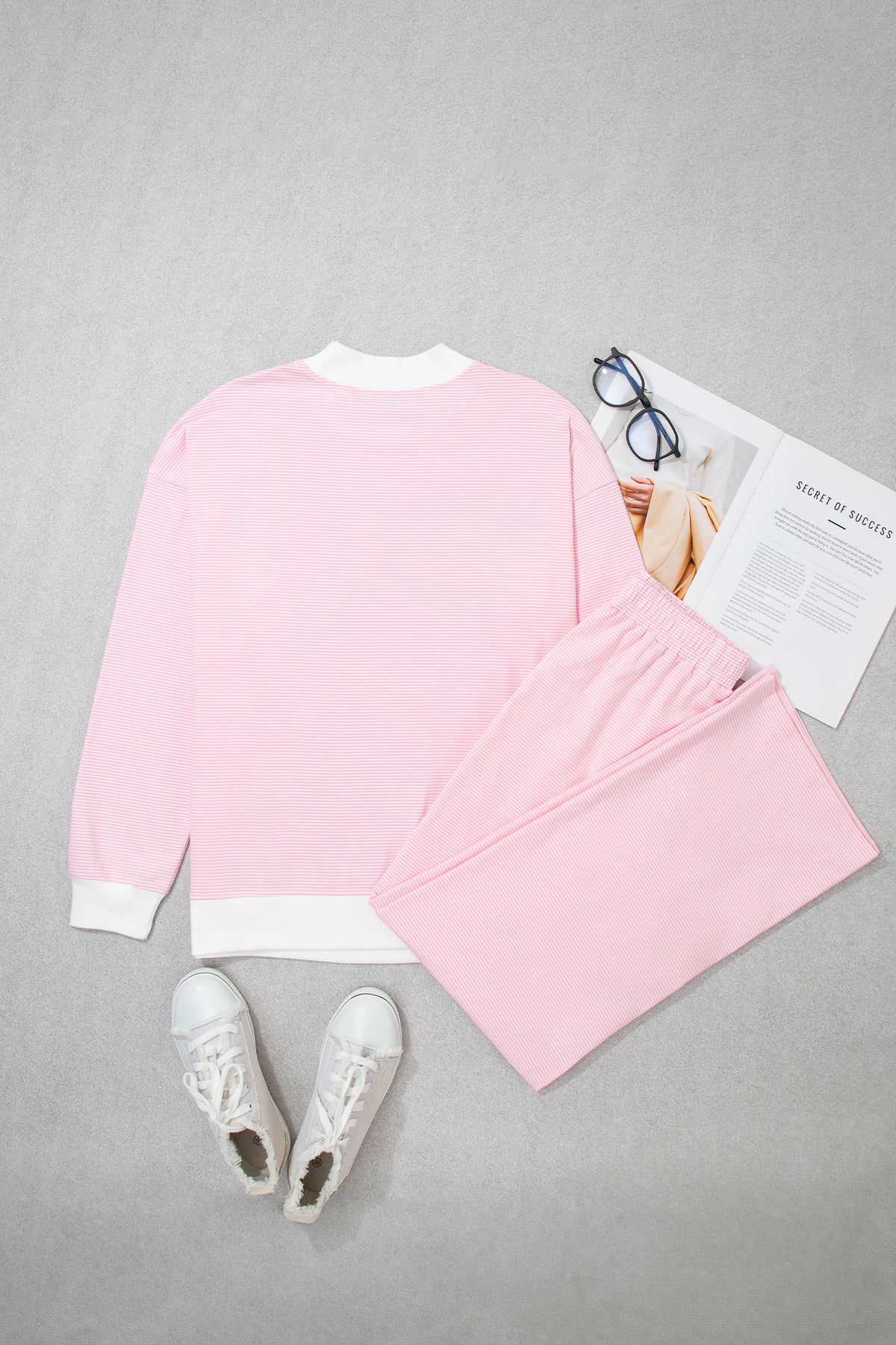 Women's Pink Stripe Color Block Trim Mock Neck Pullover Drawstring Pants Casual Outfit