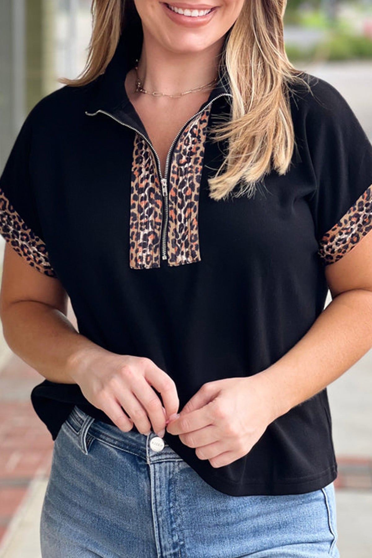 Black Plus Size Leopard Patchwork Half Zip Short-Sleeve Top