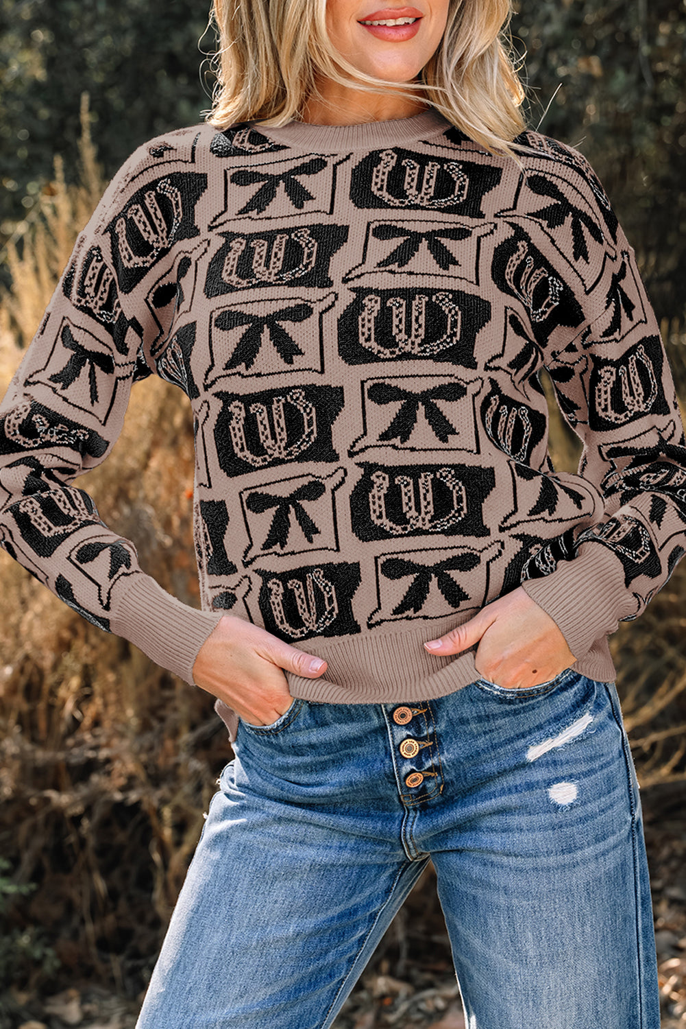 Black Bows & Horseshoes Pattern Western Print Sweater