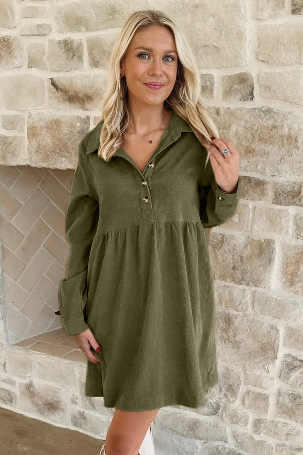 Black Corduroy Half Button Collared Long Sleeve Mini Dress