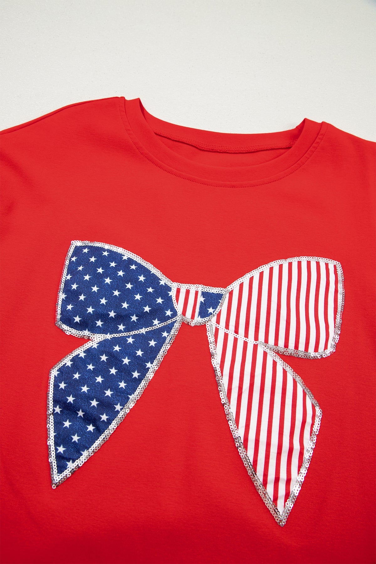 Fiery Red Sequin Trim Stars and Stripes Bow Patched T-Shirt Mini Dress