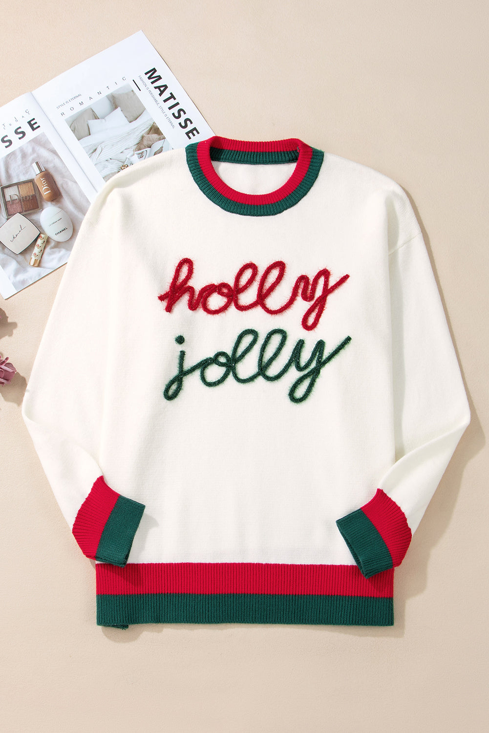 White Tinsel holly jolly Pattern Color-Block Edge Drop-Shoulder Plus Size Sweater