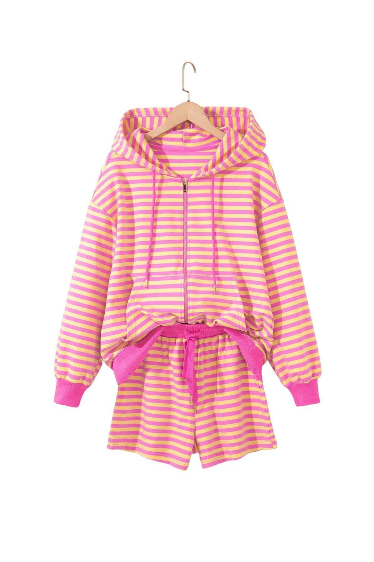 Women's Rose Red Striped Long-Sleeve Zip-Up Hoodie Drawstring Elastic Waist Two-Piece Shorts Set
