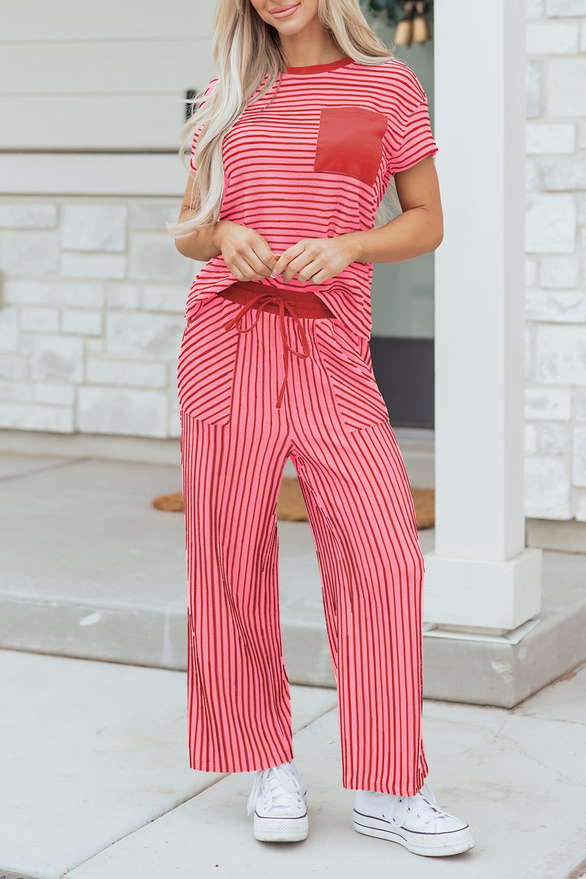 Women's Green Stripe Crewneck Tee Waist Cropped Pants Set