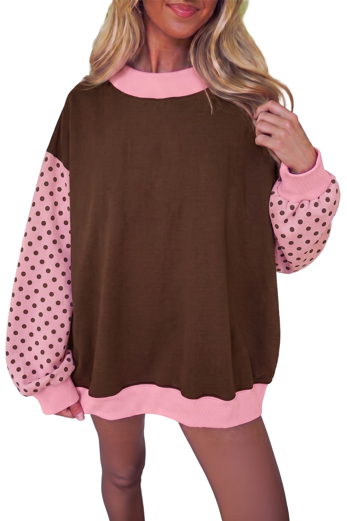 Coffee Polka Dot Puff Sleeve Tunic Sweatshirt