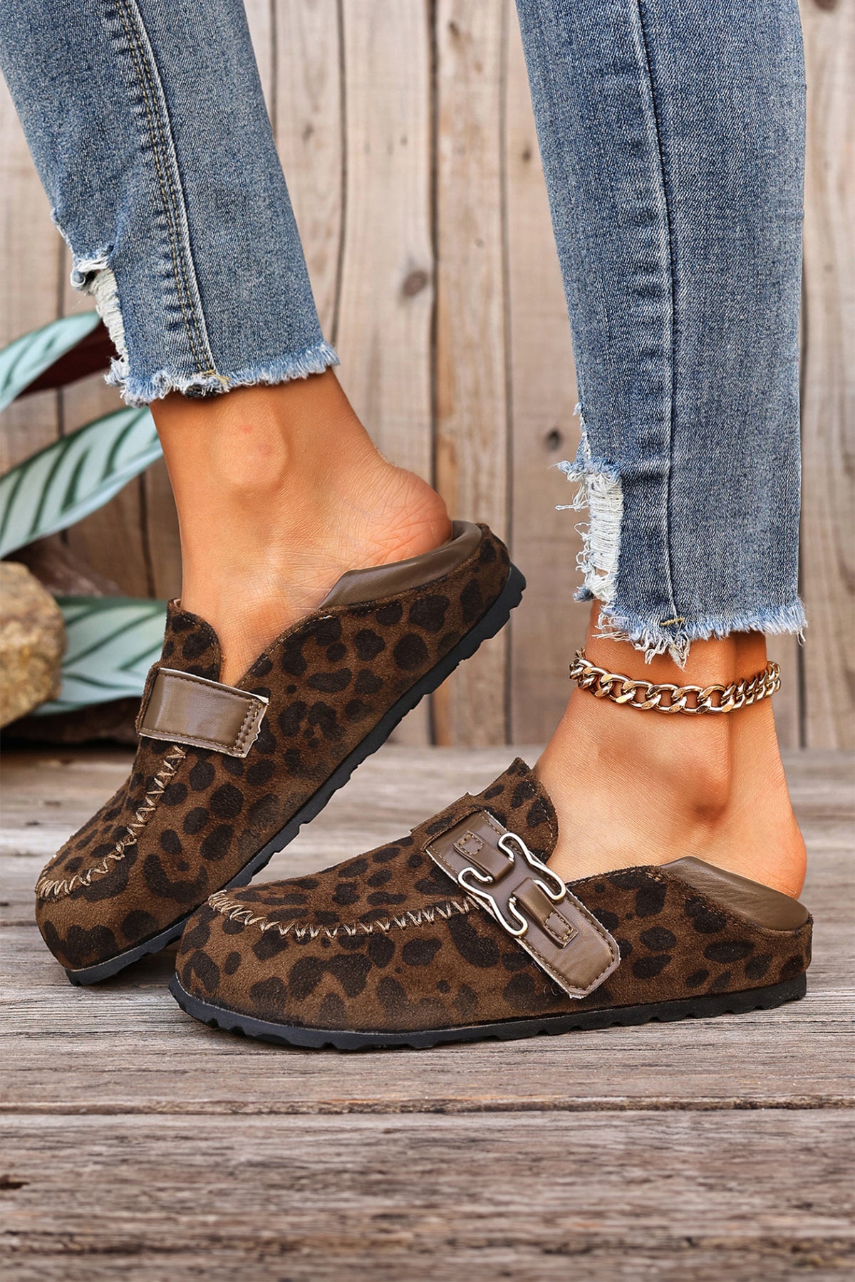 Khaki Faux Suede Patchwork Buckle Slip-On Shoes