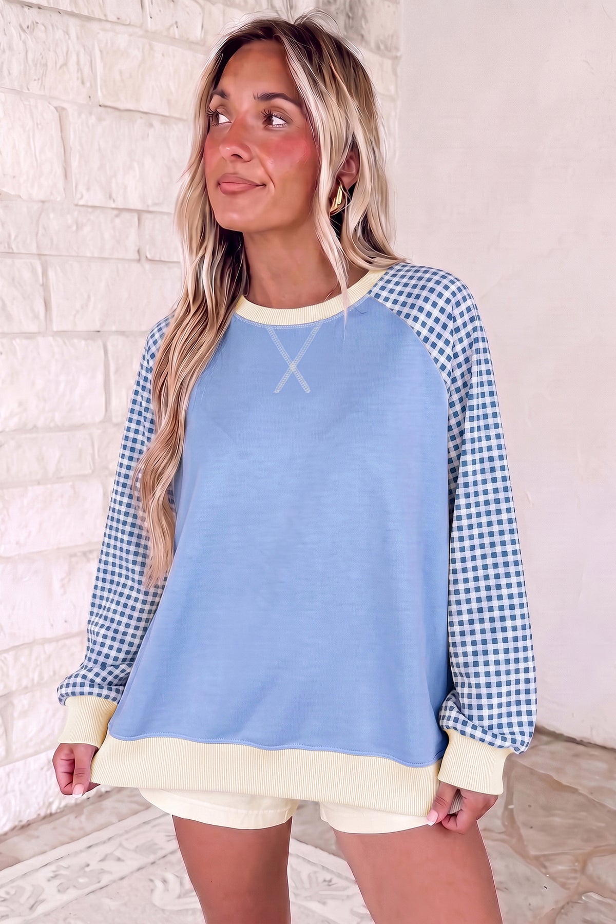 Beige Plaid Sleeve Colorblock Raglan Sweatshirt