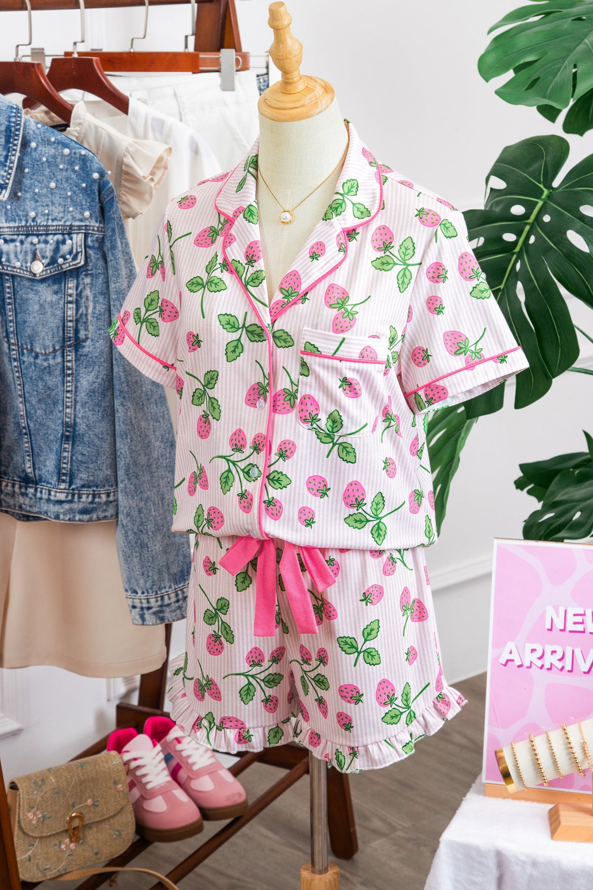 Pink Striped Strawberry Print Lapel Shirt and Shorts Pajama Set