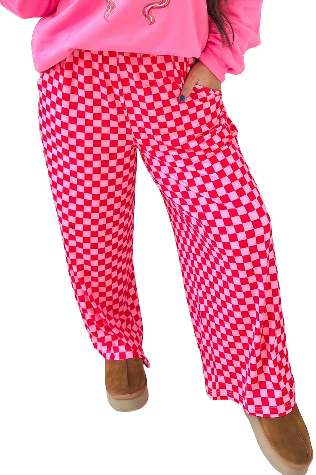 Pink Plus Size Checkered Loose Casual Pants