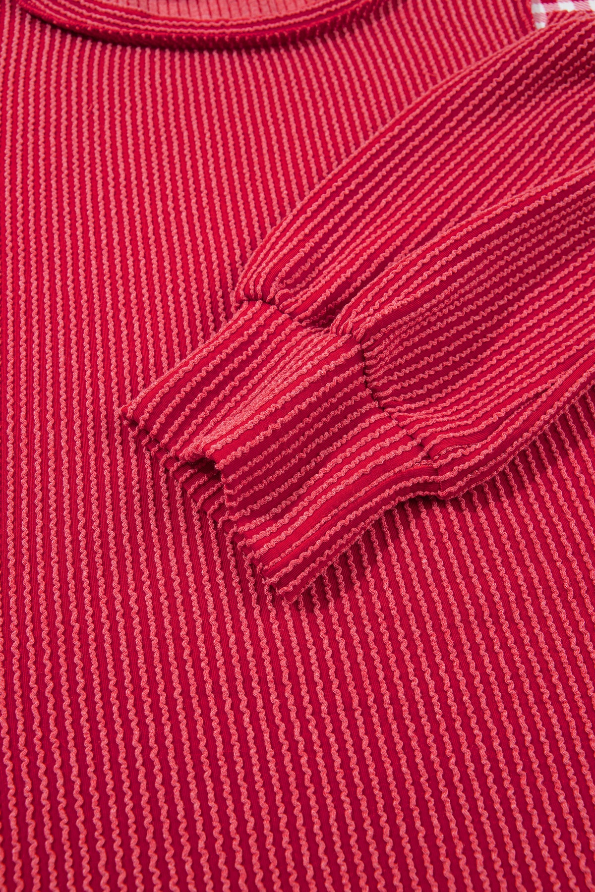 Fiery Red Plaid Colorblock Twist Rib Round Neck Top
