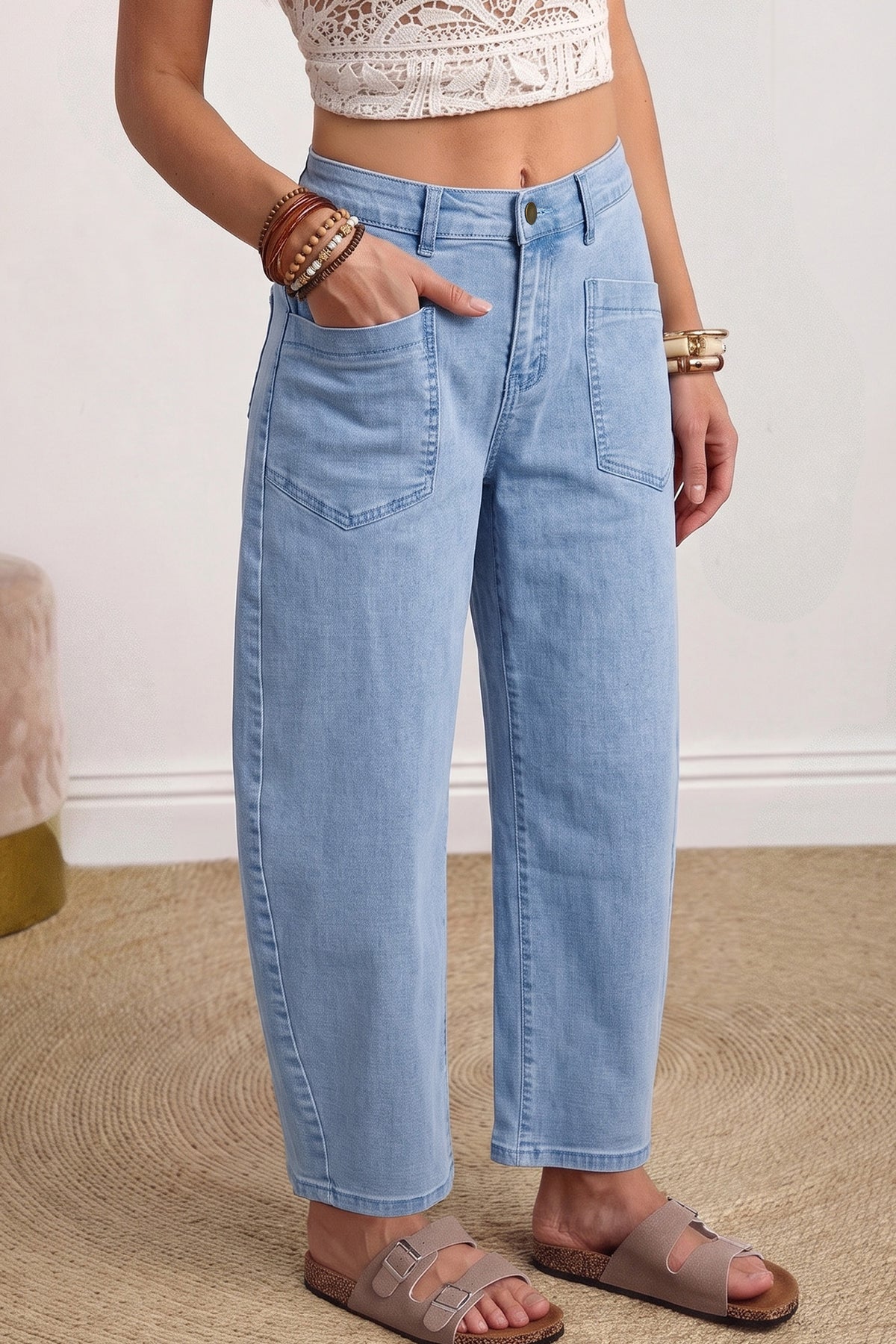 Four Leaf Clover Solid Square Patch Pocket Ankle-length Barrel Jeans