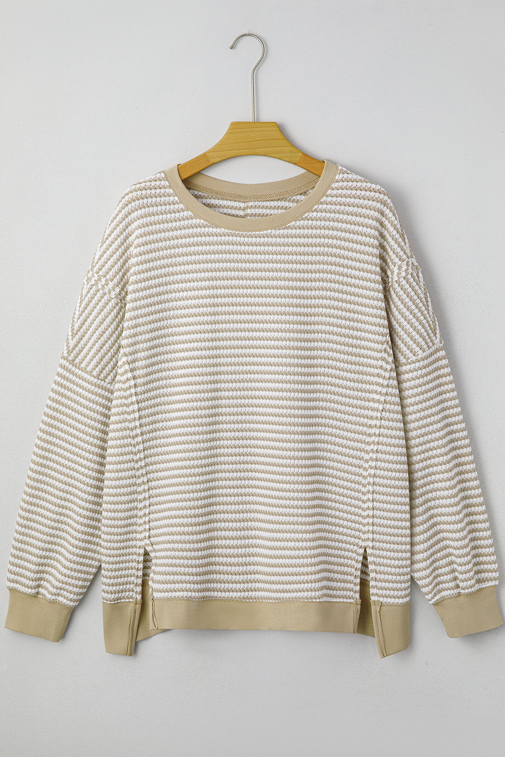 Brown Stripe Plus Size Breathable Knit Ribbed Trim Long-Sleeve Top