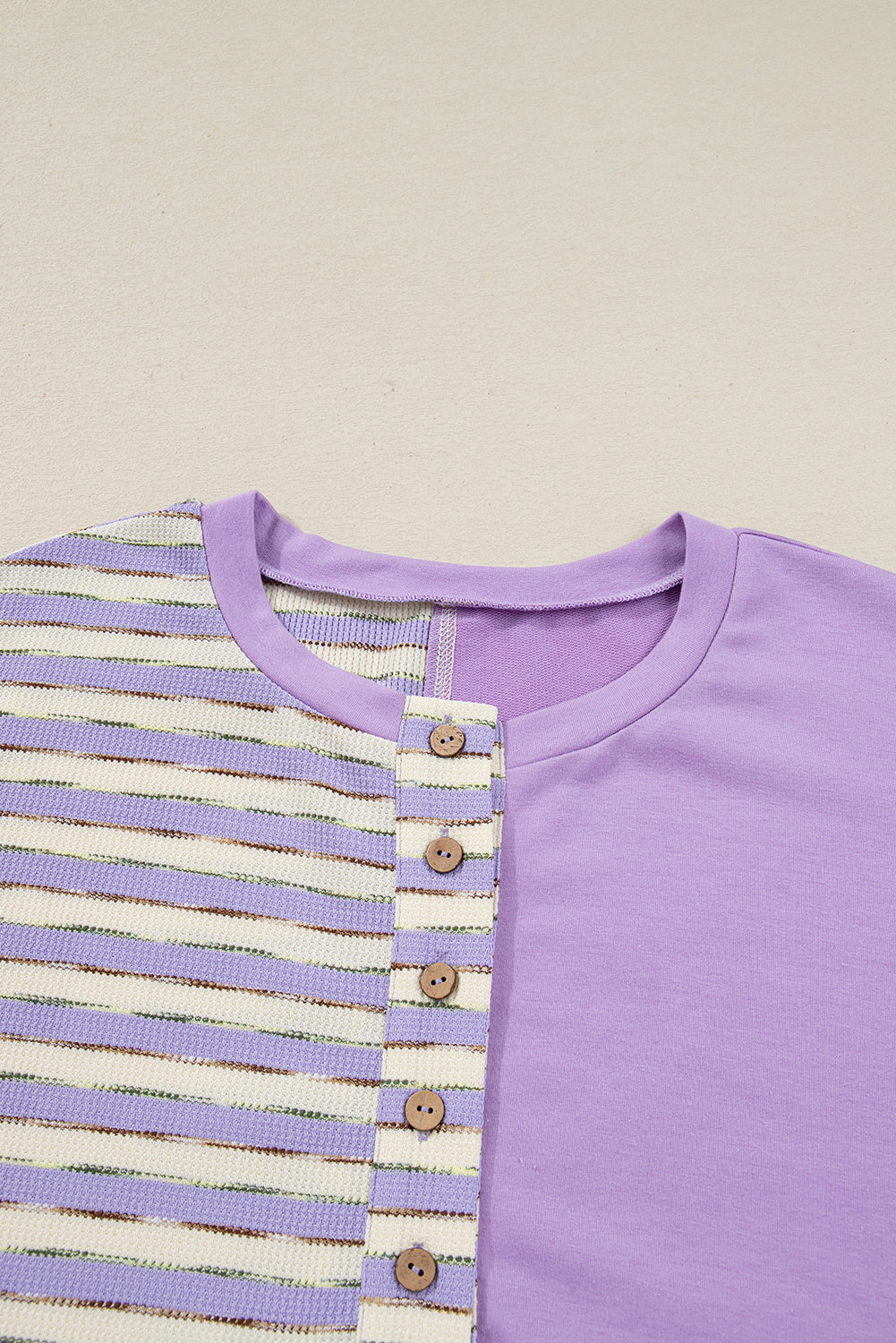 Purple Stripe Patchwork Buttoned Drop-Shoulder Plus Size Pullover
